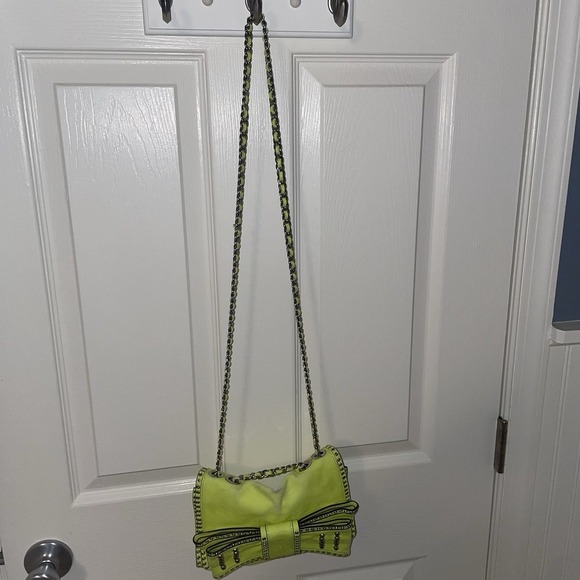 Rebecca Minkoff Bow Studded Shoulder Crossbody Bag Purse Neon Yellow Chain Strap - Picture 13 of 15